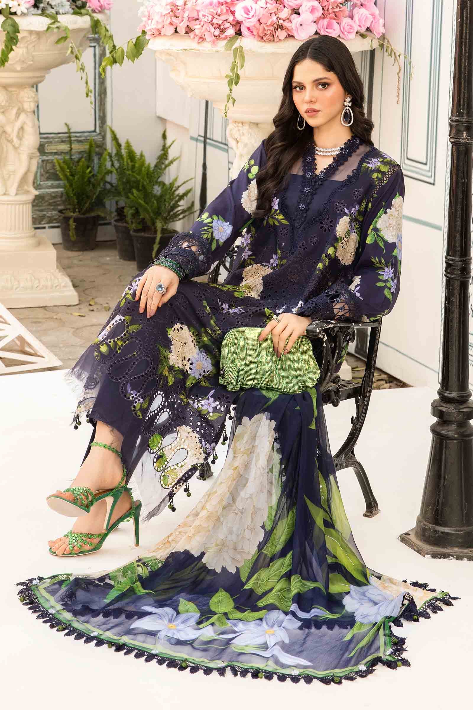 3 Piece Unstitched Embroidered Lawn Suit | MPT-2602-B - MARIA.B