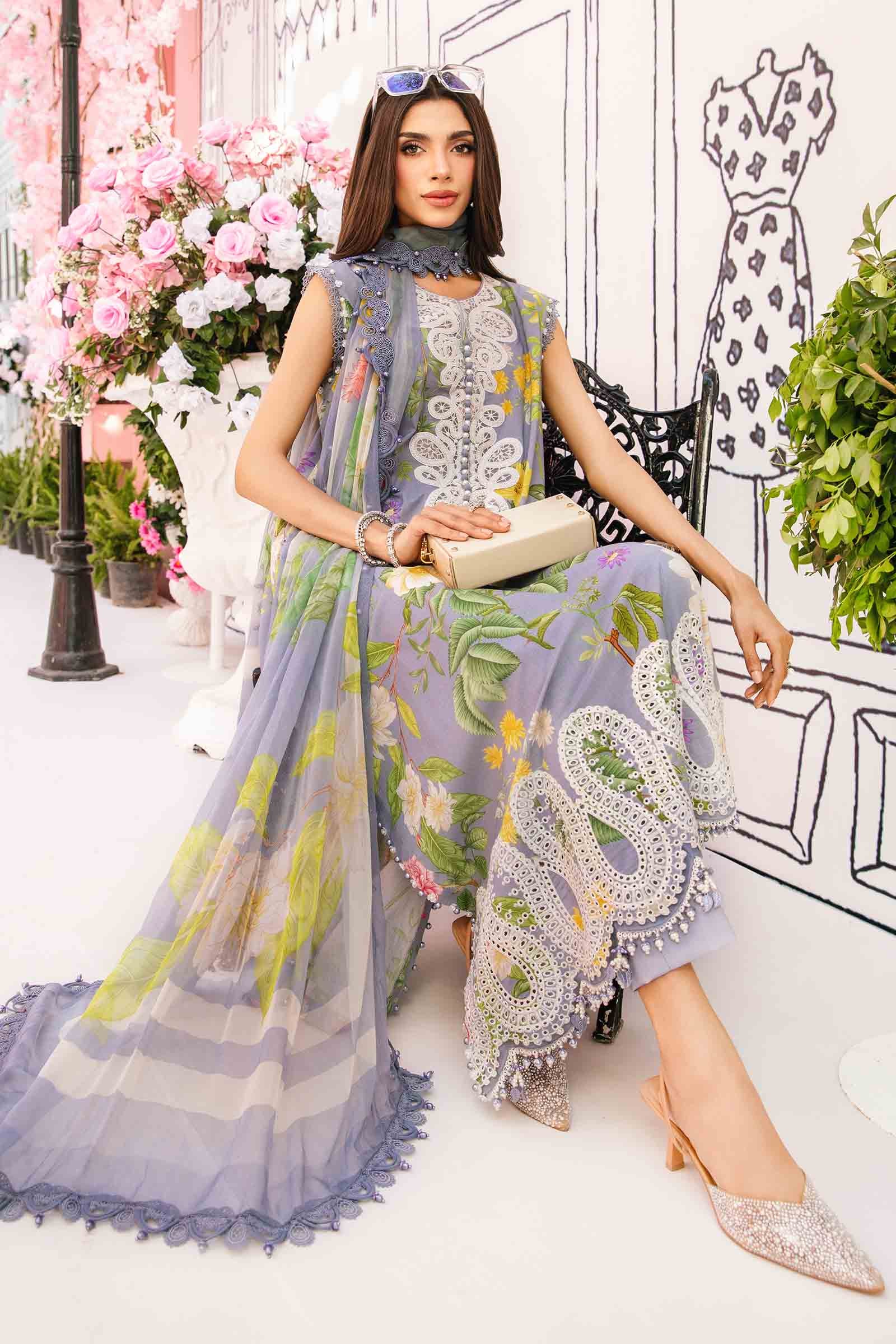 3 Piece Unstitched Embroidered Lawn Suit | MPT-2604-A - MARIA.B