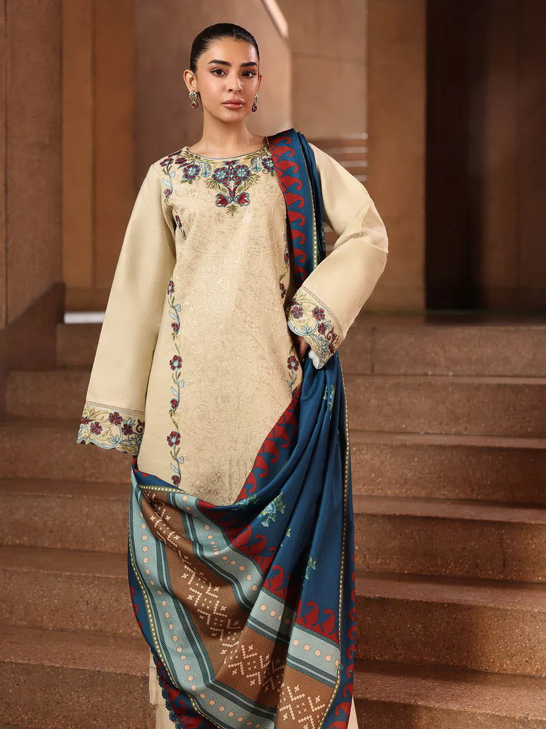 RajBari Premium Embroidered Peach Unstitched 3Pc Suit D-05