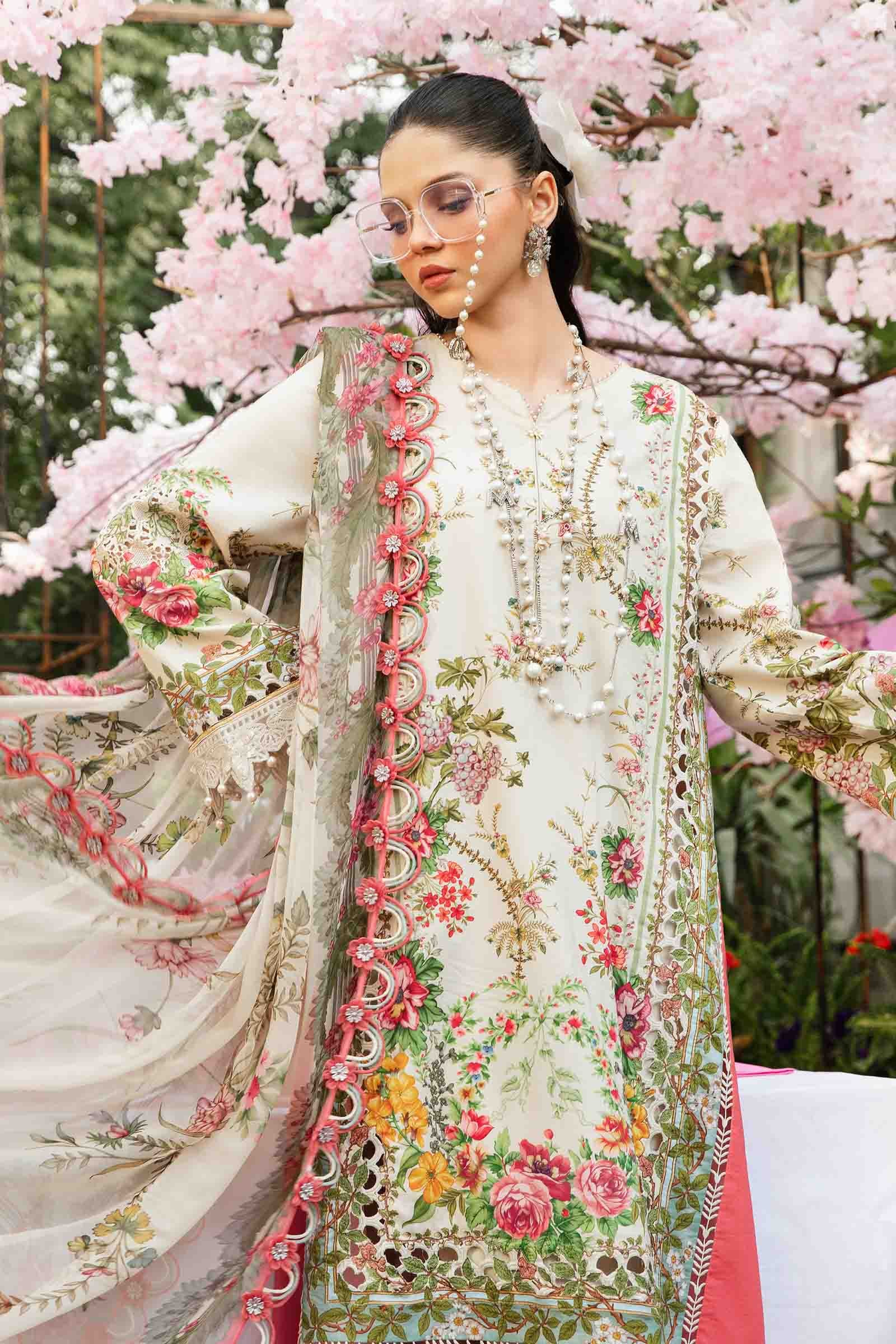 3 Piece Unstitched Embroidered Lawn Suit | MPT-2605-A - MARIA.B