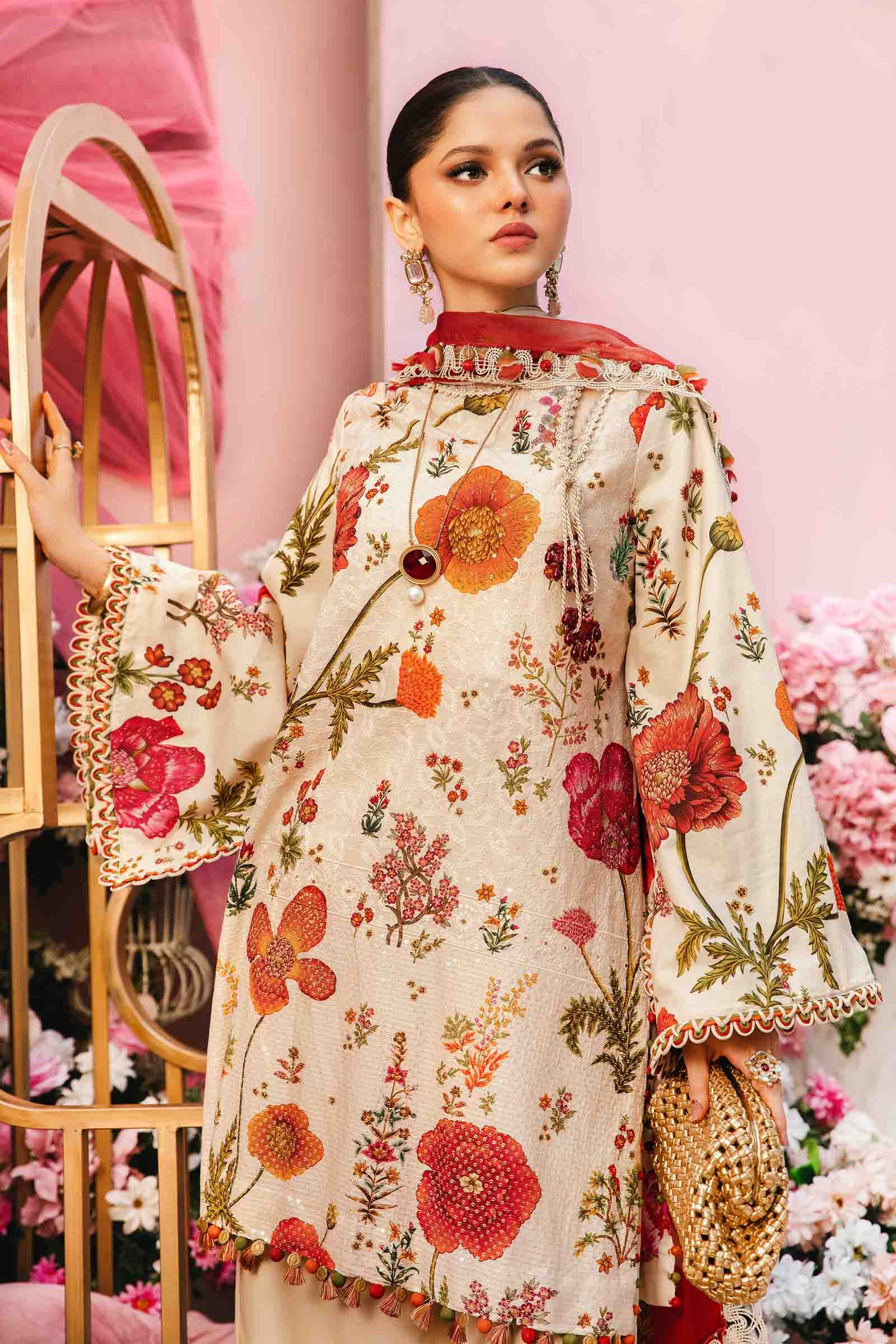 3 Piece Unstitched Embroidered Lawn Suit | MPT-2607-A - MARIA.B