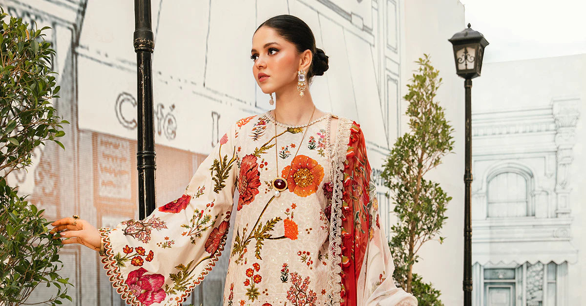 3 Piece Unstitched Embroidered Lawn Suit | MPT-2607-A - MARIA.B