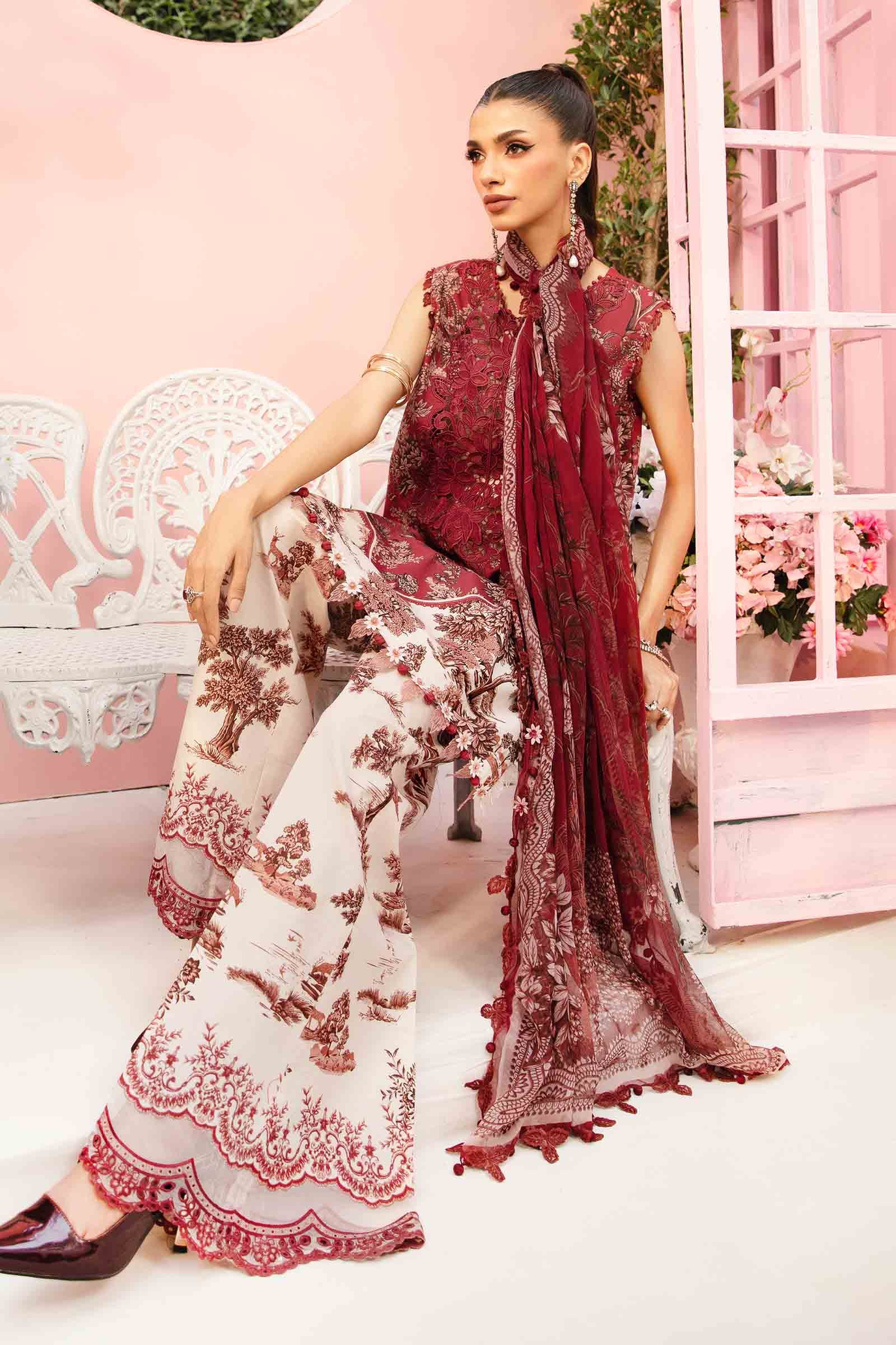 3 Piece Unstitched Embroidered Lawn Suit | MPT-2608-A - MARIA.B