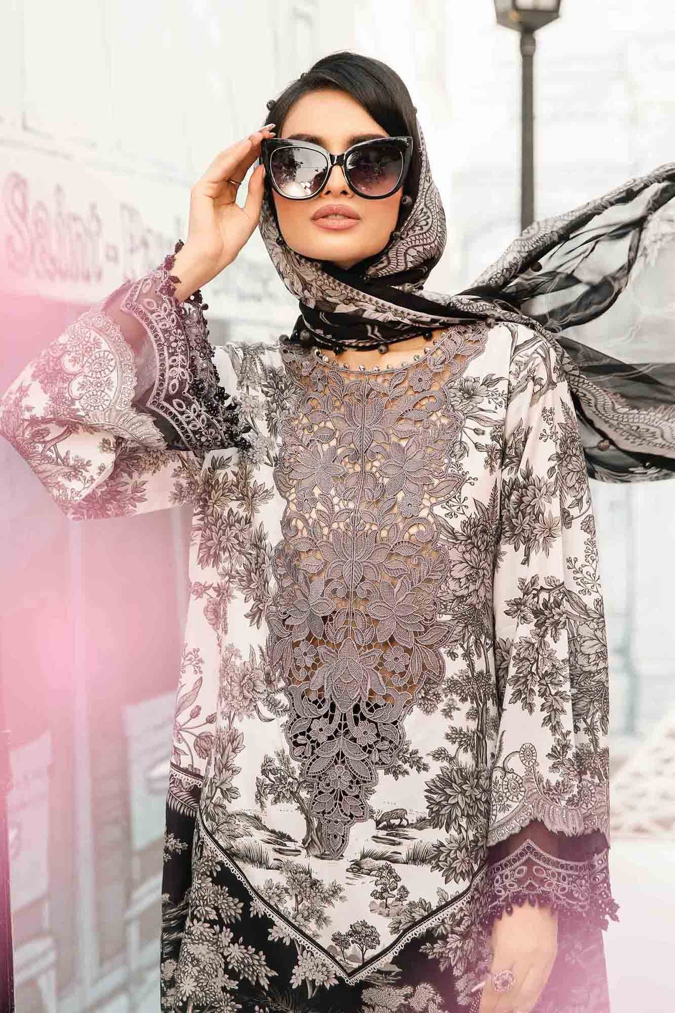 3 Piece Unstitched Embroidered Lawn Suit | MPT-2608-B - MARIA.B