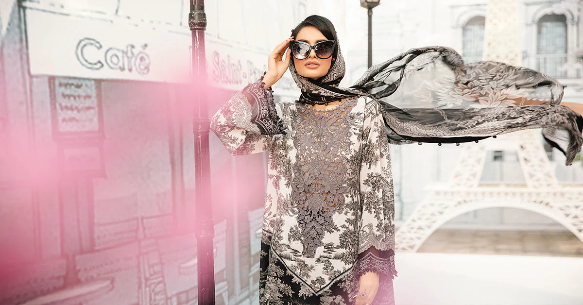 3 Piece Unstitched Embroidered Lawn Suit | MPT-2608-B - MARIA.B