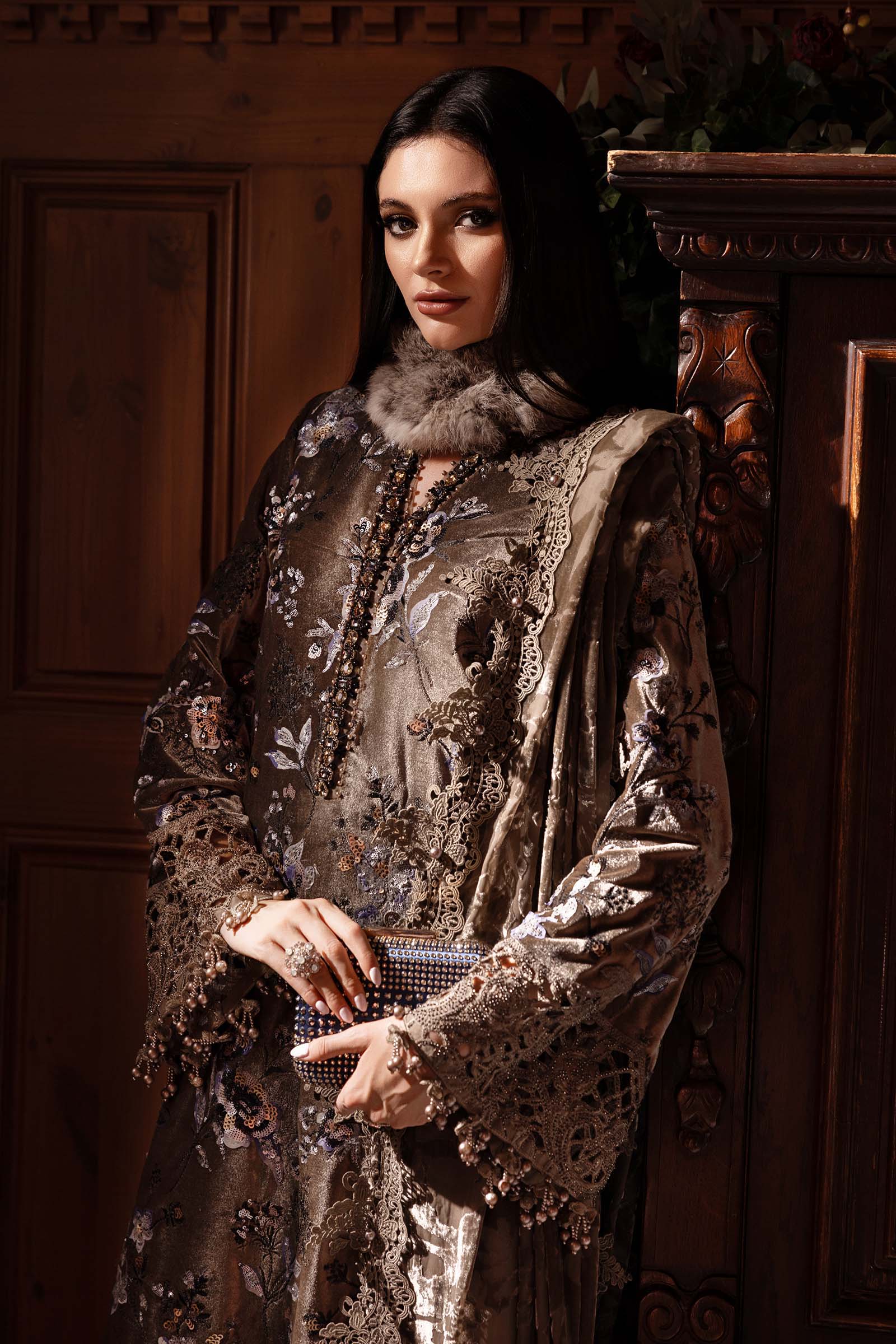 3 Piece Unstitched Embroidered Velvet Suit - MARIA.B