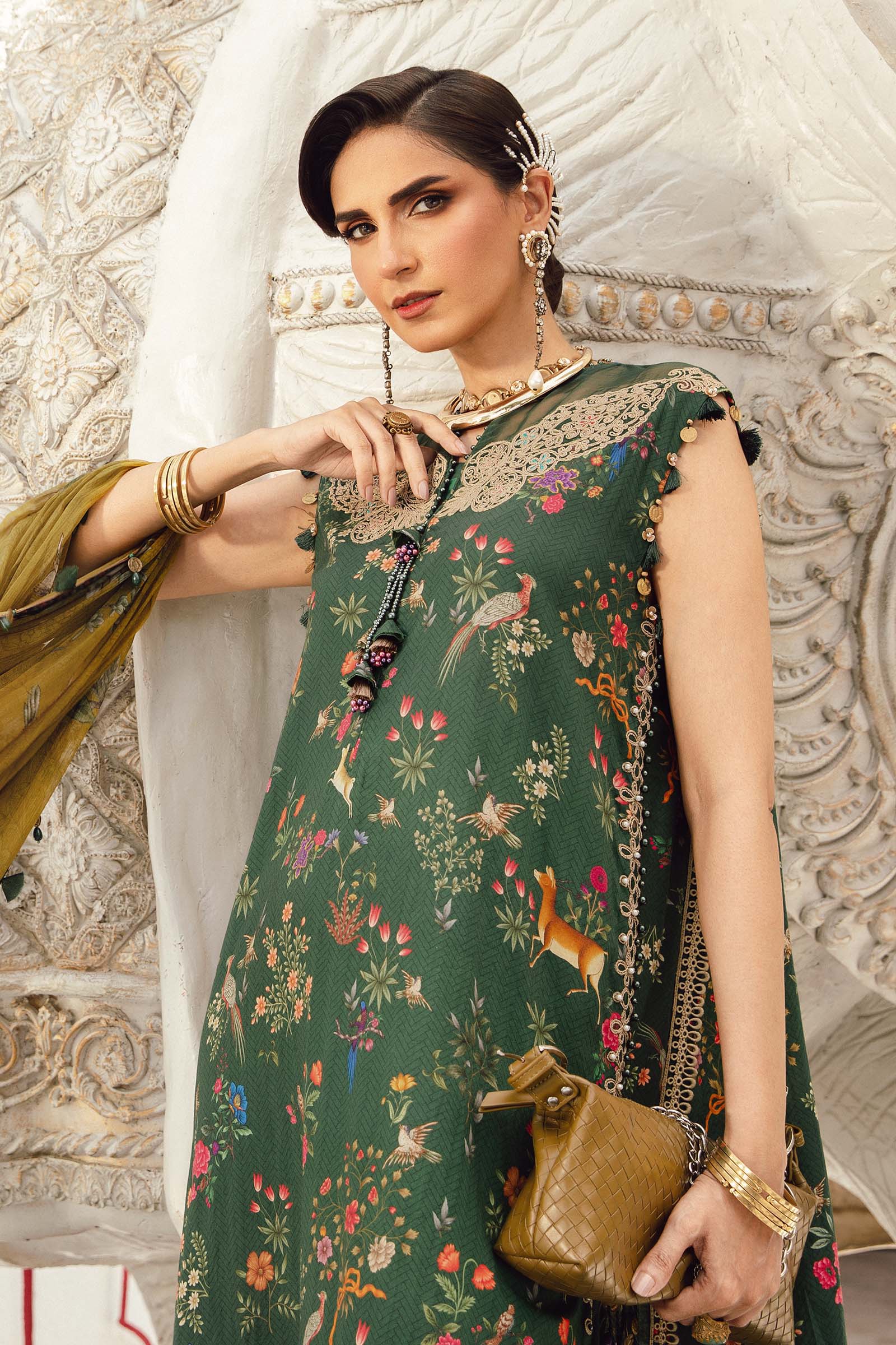 Maria.B M.Prints Unstitched Collection | MPT-2707-B Green Embroidered Linen Suit with Chiffon Dupatta