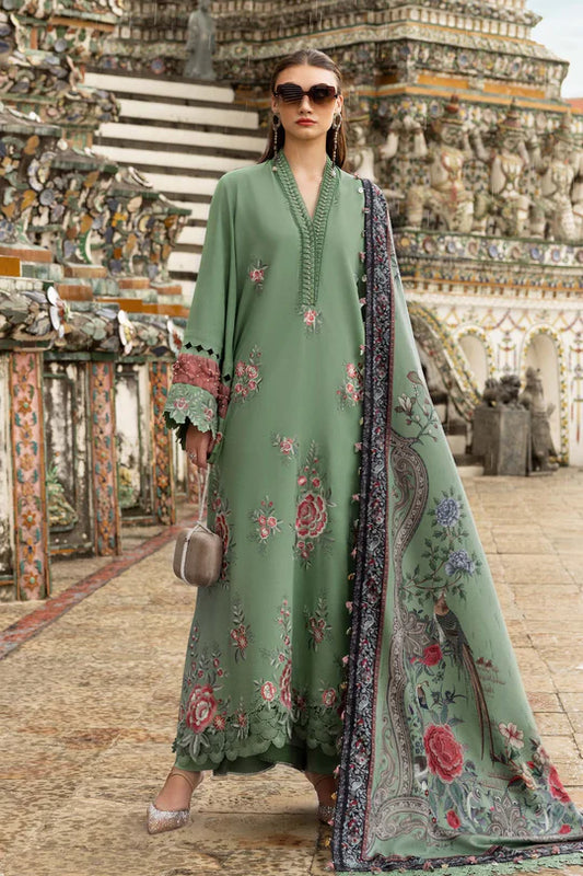 Maria B MPT-2808-A: Pistachio Green Embroidered Twill Linen 3-Piece Unstitched Suit with Printed Wool Shawl