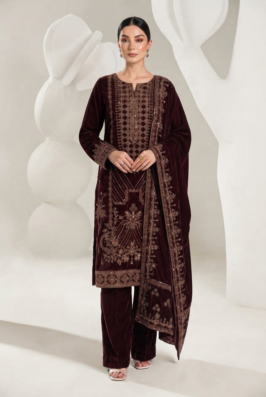Makhmal by Bin Rashid - Design-05 | Luxury Embroidered Micro Velvet Suit