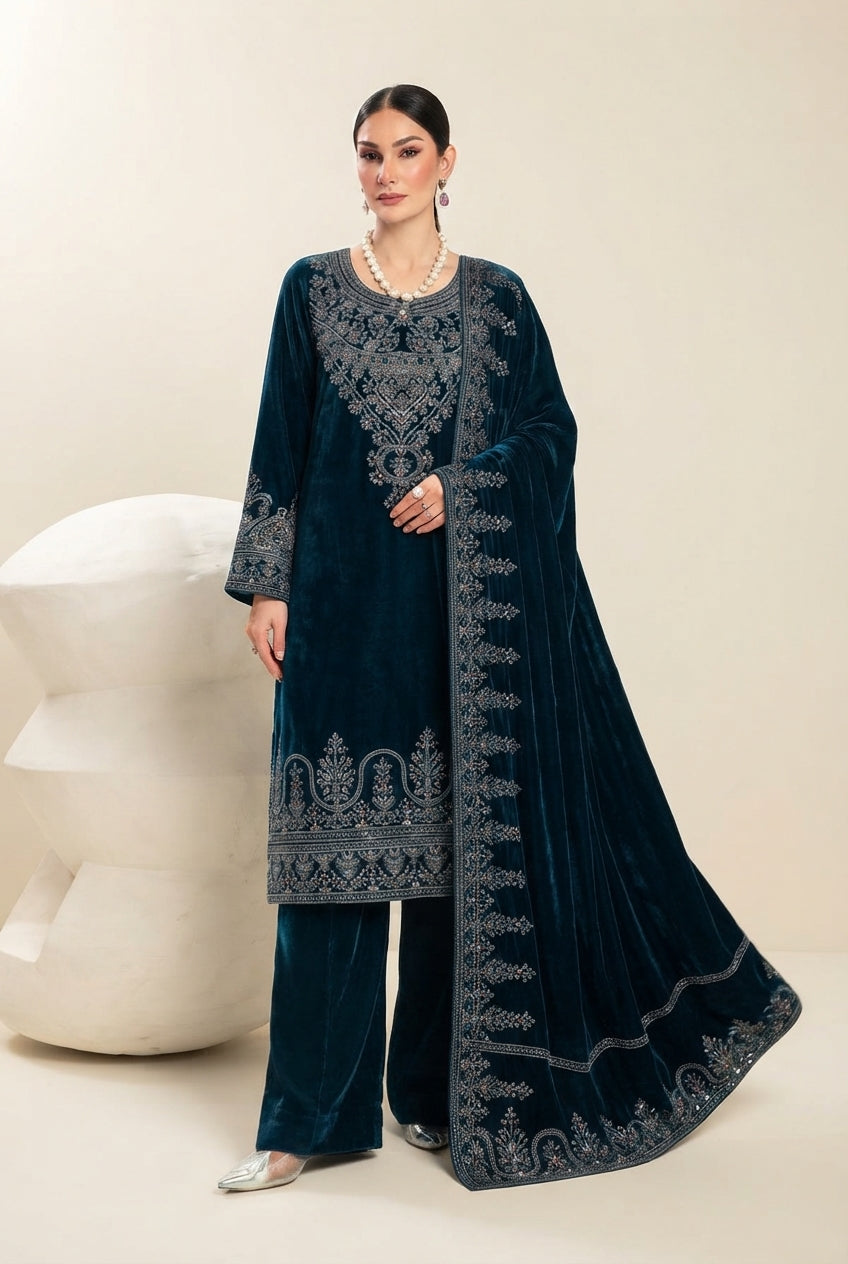Makhmal by Bin Rashid - Design-01 | Luxury Embroidered Micro Velvet Suit