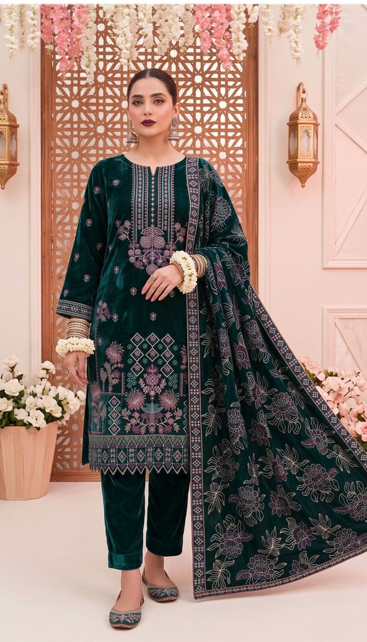 Bin Rashid Micro Velvet Heavy Embroidered 3-Piece Suit | Bristal Party Wear DN-02