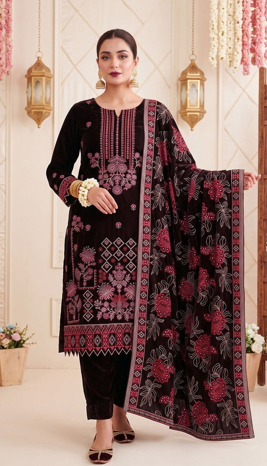 Bin Rashid Micro Velvet Heavy Embroidered 3-Piece Suit | Bristal Party Wear DN-03
