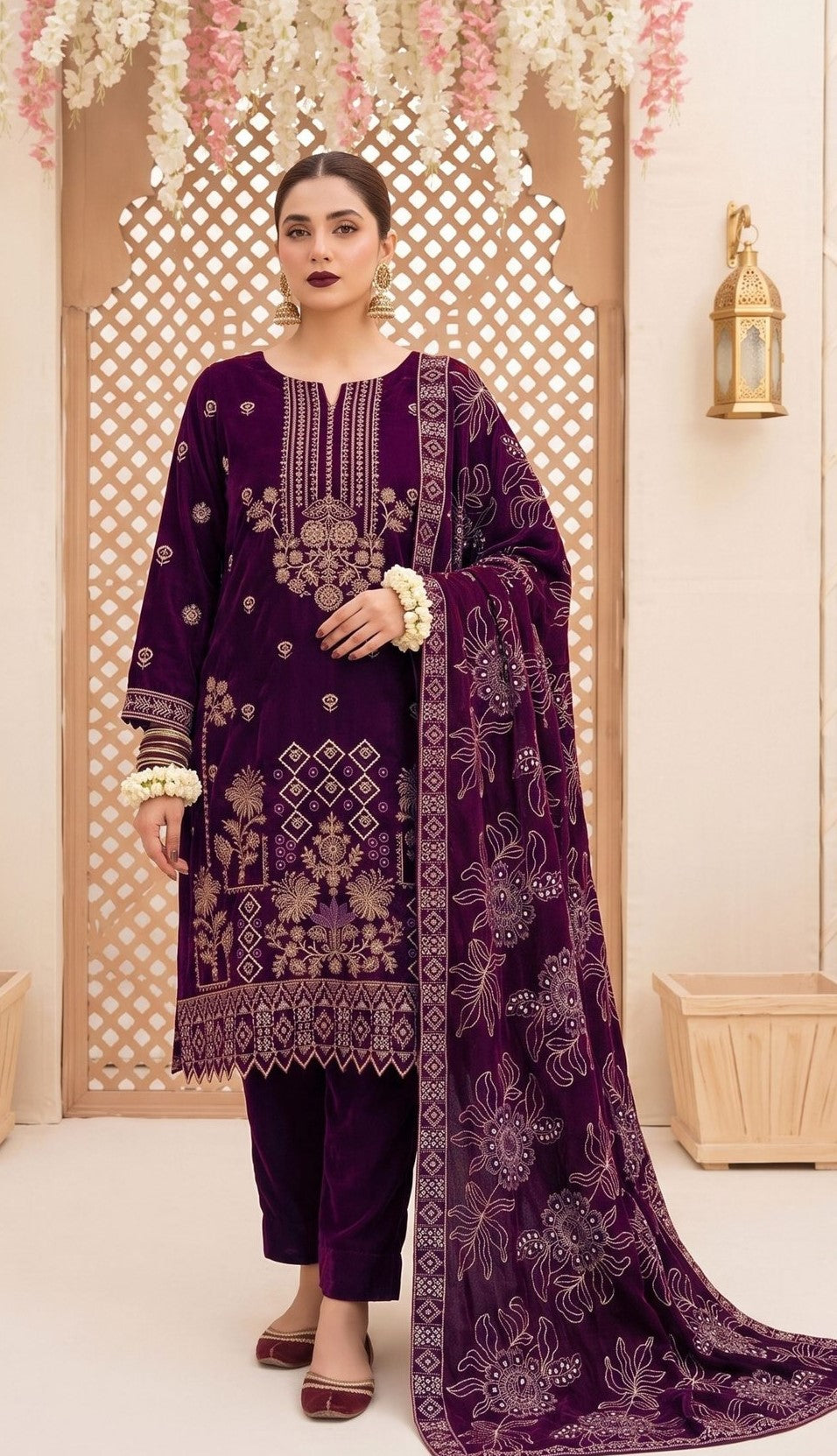 Bin Rashid Micro Velvet Heavy Embroidered 3-Piece Suit | Bristal Party Wear DN-04