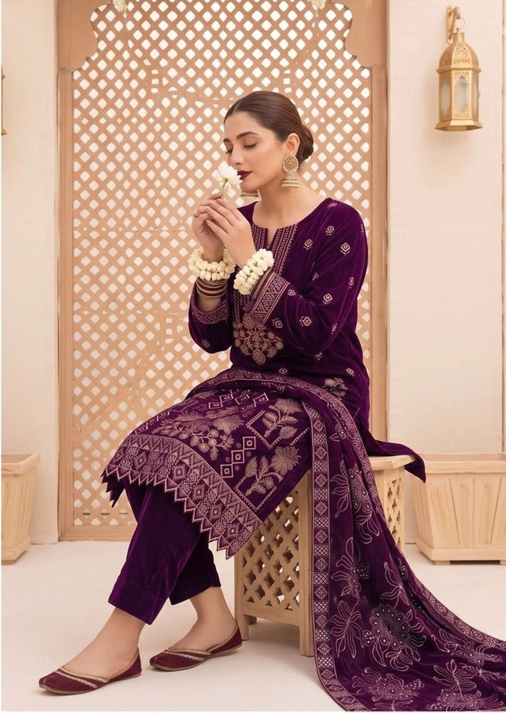 Bin Rashid Micro Velvet Heavy Embroidered 3-Piece Suit | Bristal Party Wear DN-04
