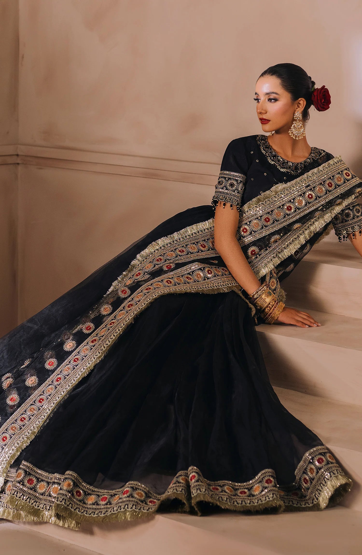 Sal Jaan – Hand-Embellished Black Organza & Tussel Silk Festive Saree