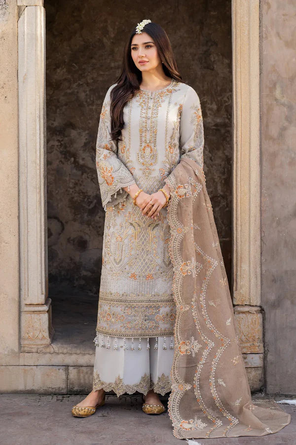 Imrozia Serene I-224 MUSHK - Sophisticated Gray Embroidered Organza Suit with Khadi Net Dupatta (Unstitched 3-Piece)