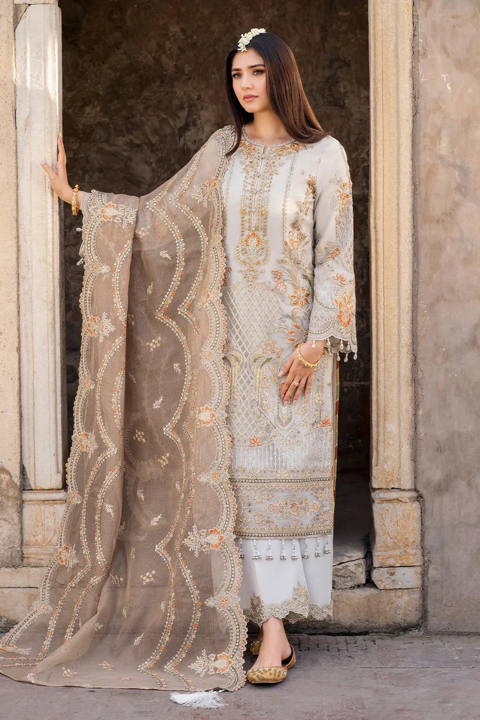 Imrozia Serene I-224 MUSHK - Sophisticated Gray Embroidered Organza Suit with Khadi Net Dupatta (Unstitched 3-Piece)
