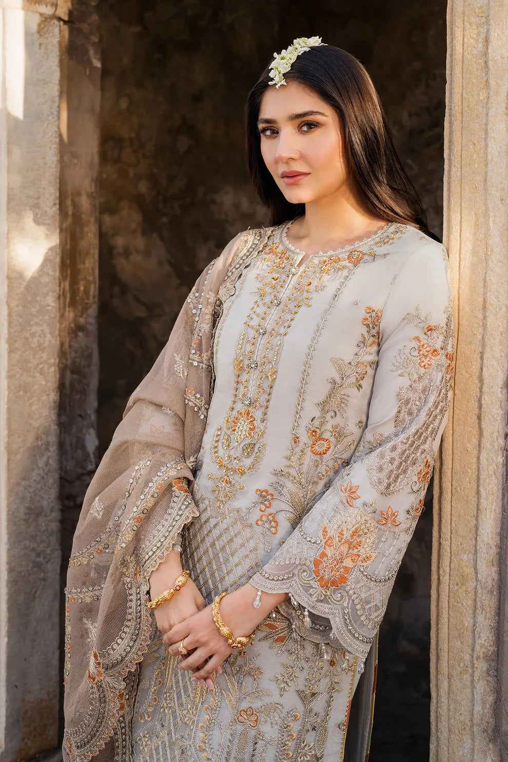Imrozia Serene I-224 MUSHK - Sophisticated Gray Embroidered Organza Suit with Khadi Net Dupatta (Unstitched 3-Piece)