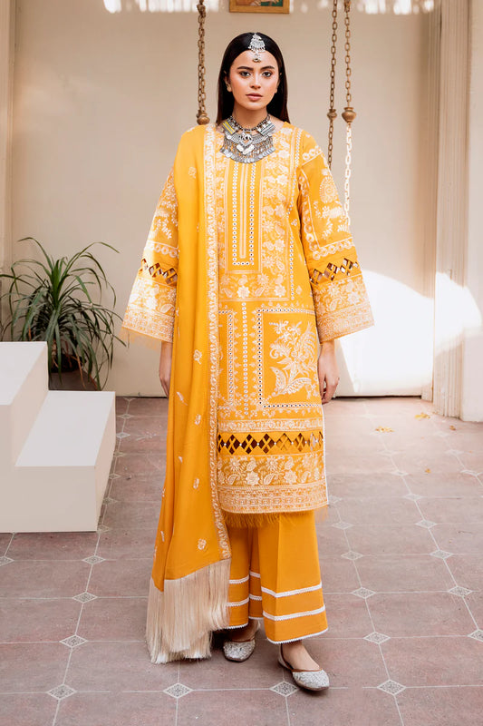 Aftaab by Sanora – Sun-Kissed Mustard Embroidered Khaddar 3-Piece Suite with Digital Printed Twill Shawl
