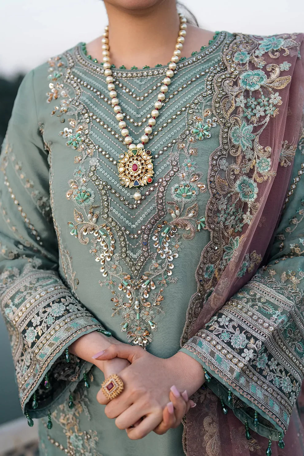 Imrozia Serene I-221 ZAMURD - Graceful Pista Green Embroidered Organza Suit with Soft Pink Khadi Net Dupatta (Unstitched 3-Piece)