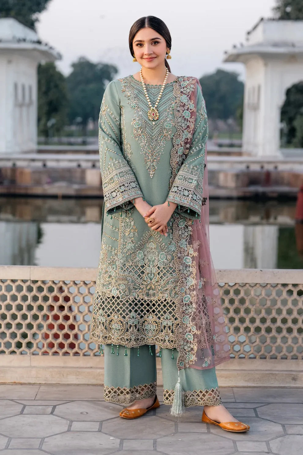 Imrozia Serene I-221 ZAMURD - Graceful Pista Green Embroidered Organza Suit with Soft Pink Khadi Net Dupatta (Unstitched 3-Piece)