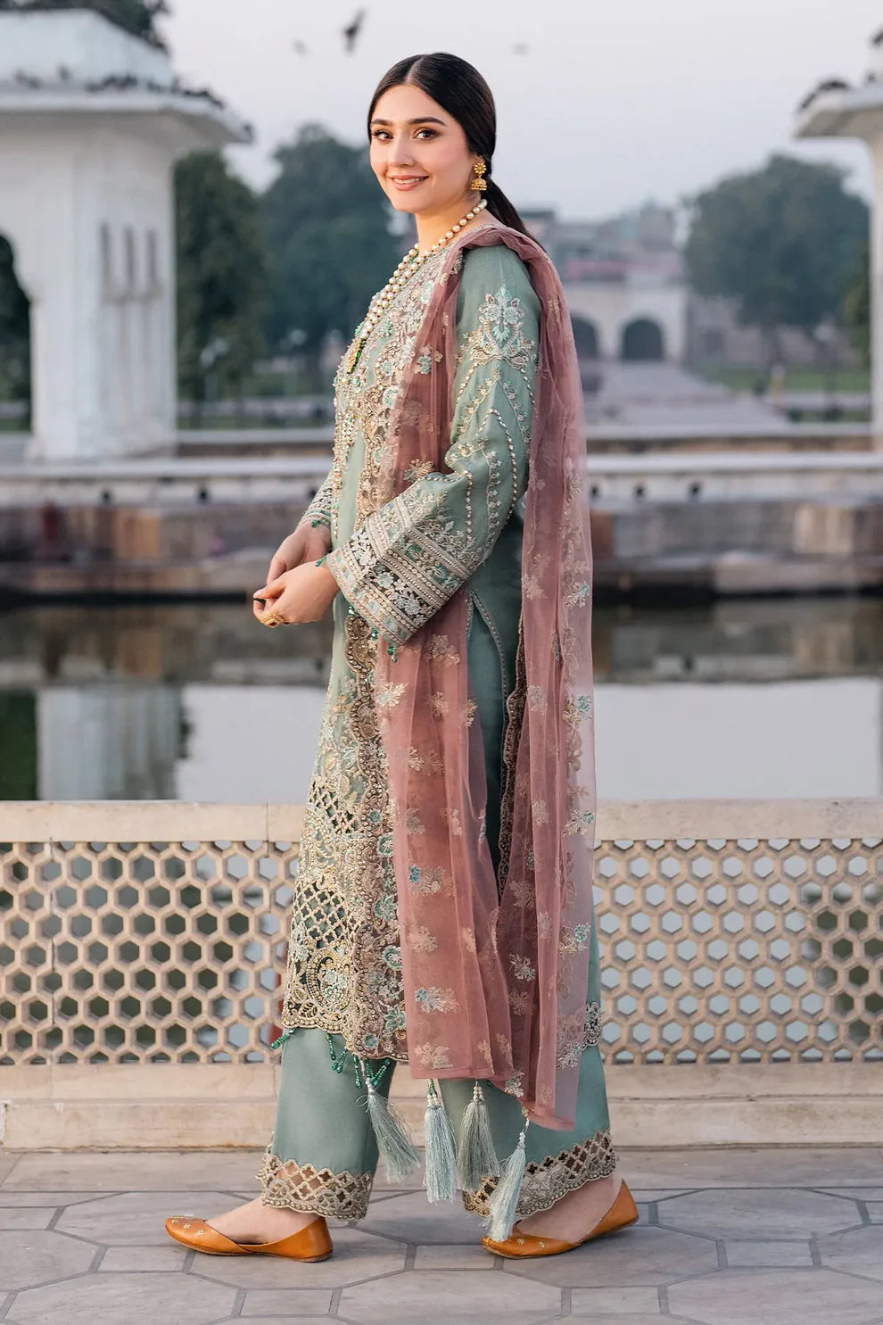 Imrozia Serene I-221 ZAMURD - Graceful Pista Green Embroidered Organza Suit with Soft Pink Khadi Net Dupatta (Unstitched 3-Piece)