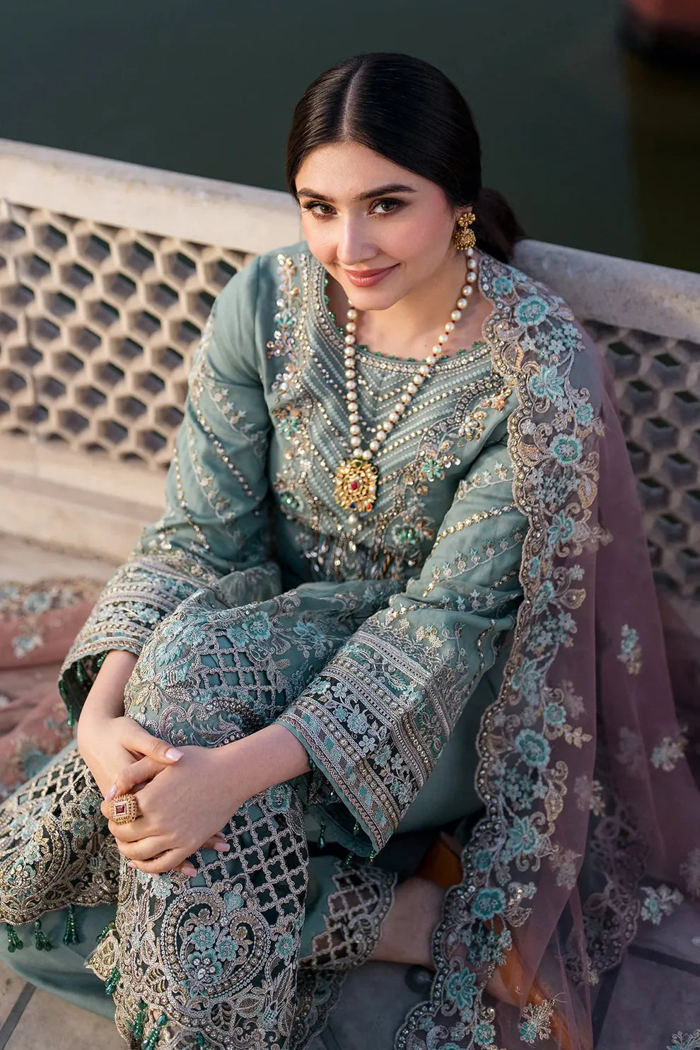 Imrozia Serene I-221 ZAMURD - Graceful Pista Green Embroidered Organza Suit with Soft Pink Khadi Net Dupatta (Unstitched 3-Piece)