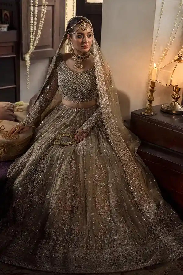 Maria B Faiza Saqlain – Mah | Hand Embellished Beige Tissue Bridal Lehnga Set
