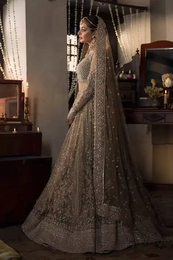 Maria B Faiza Saqlain – Mah | Hand Embellished Beige Tissue Bridal Lehnga Set