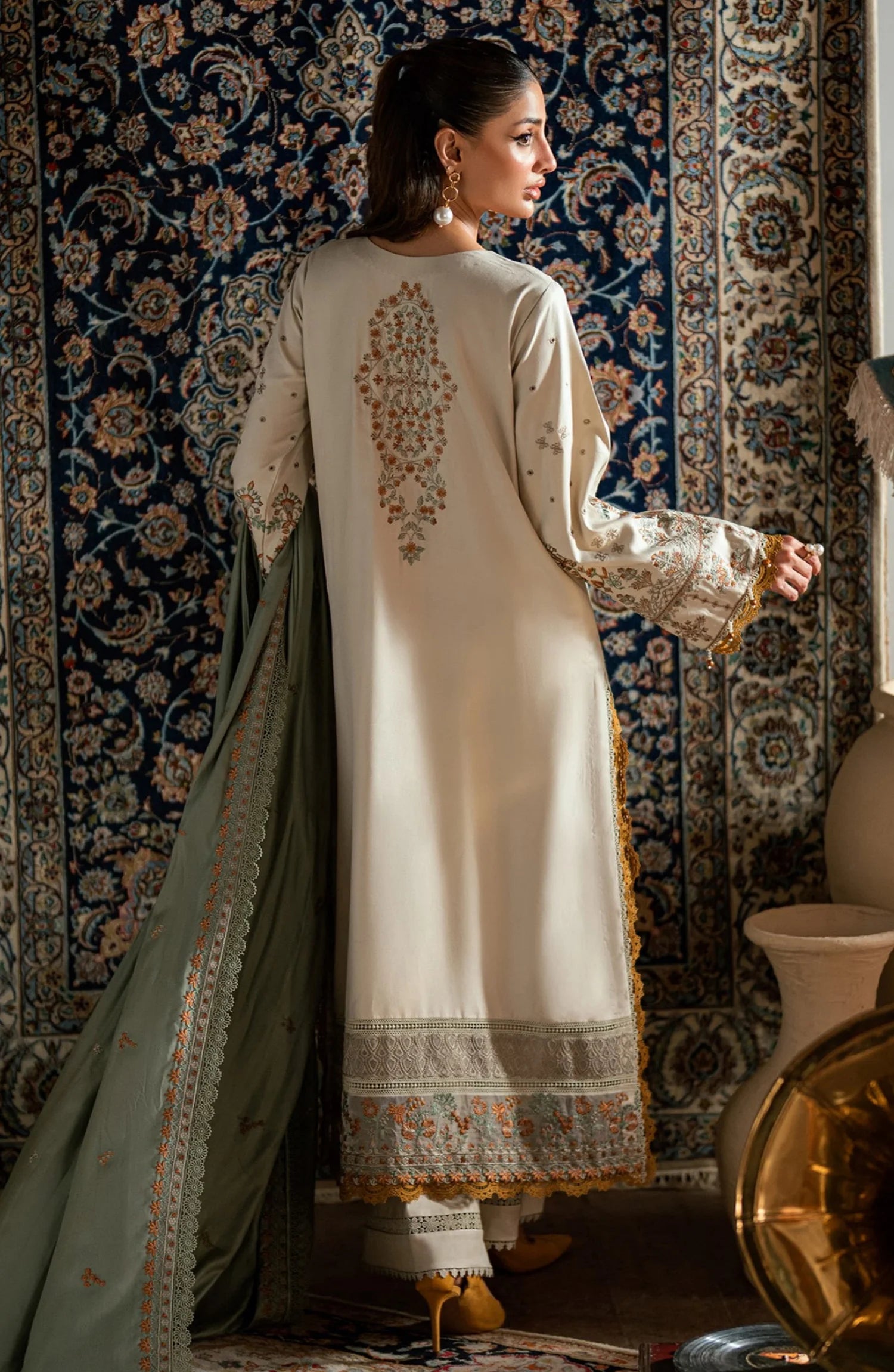 Florent Shades of Winter Embroidered Marina Twill Unstitched 3 Piece Suit - FL-1A Off White - Luxury