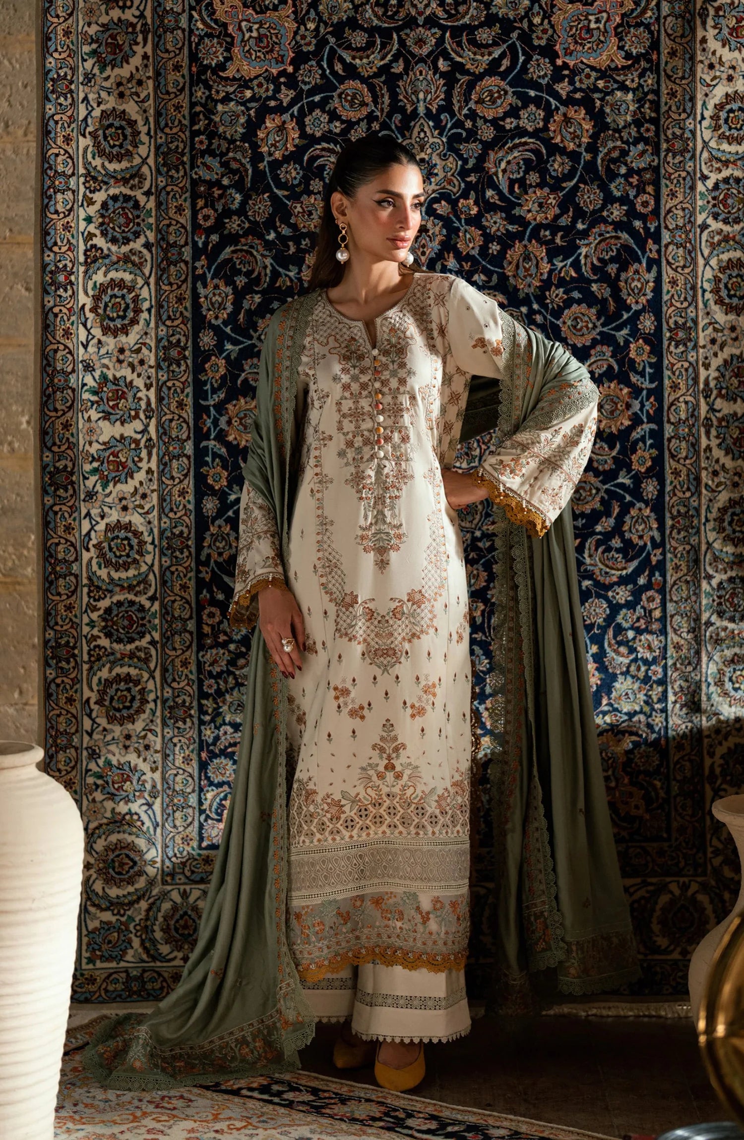 Florent Shades of Winter Embroidered Marina Twill Unstitched 3 Piece Suit - FL-1A Off White - Luxury