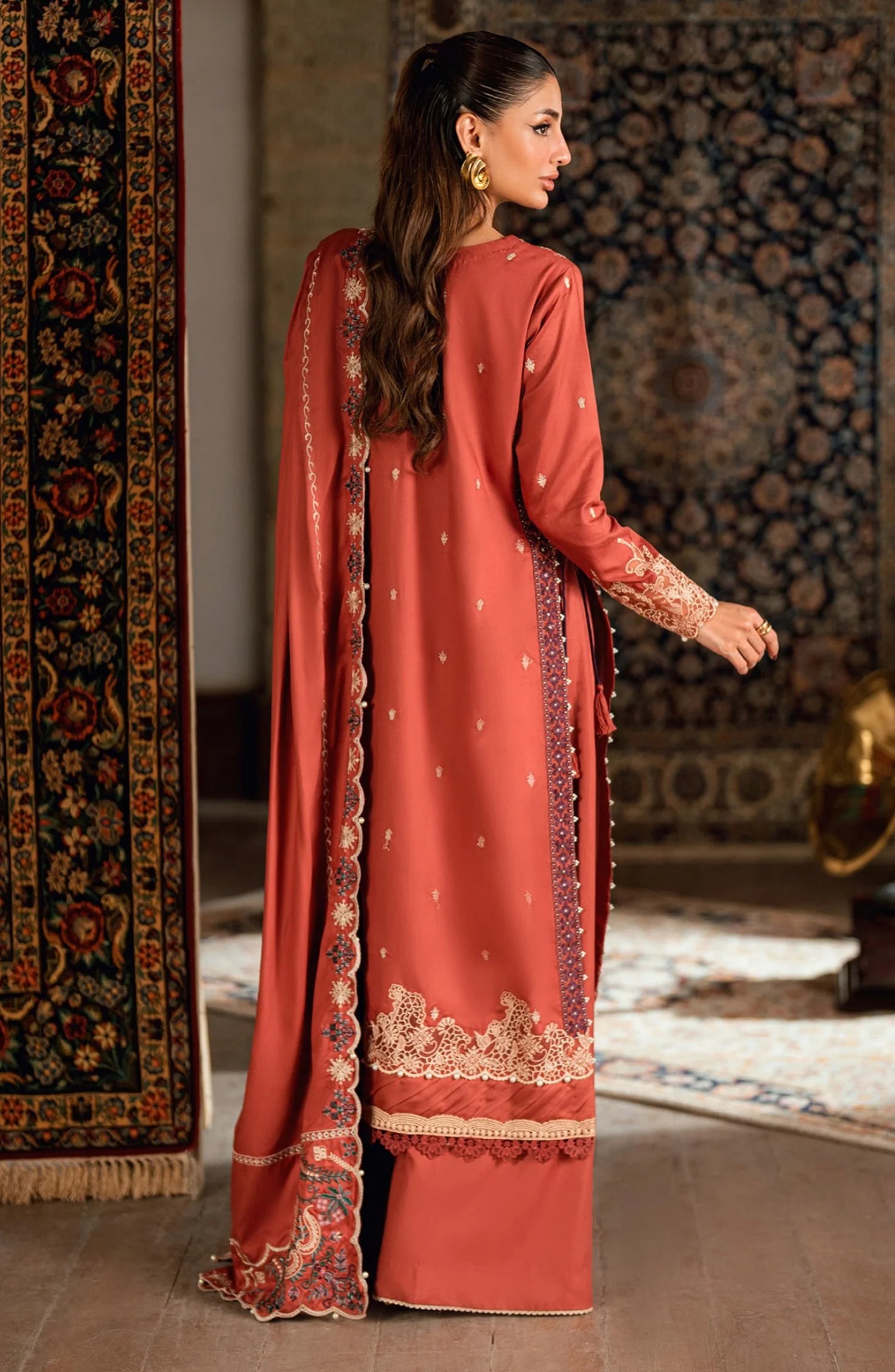 Florent Shades of Winter Embroidered Marina Twill Unstitched 3 Piece FL 2A  Suit Rust Luxury