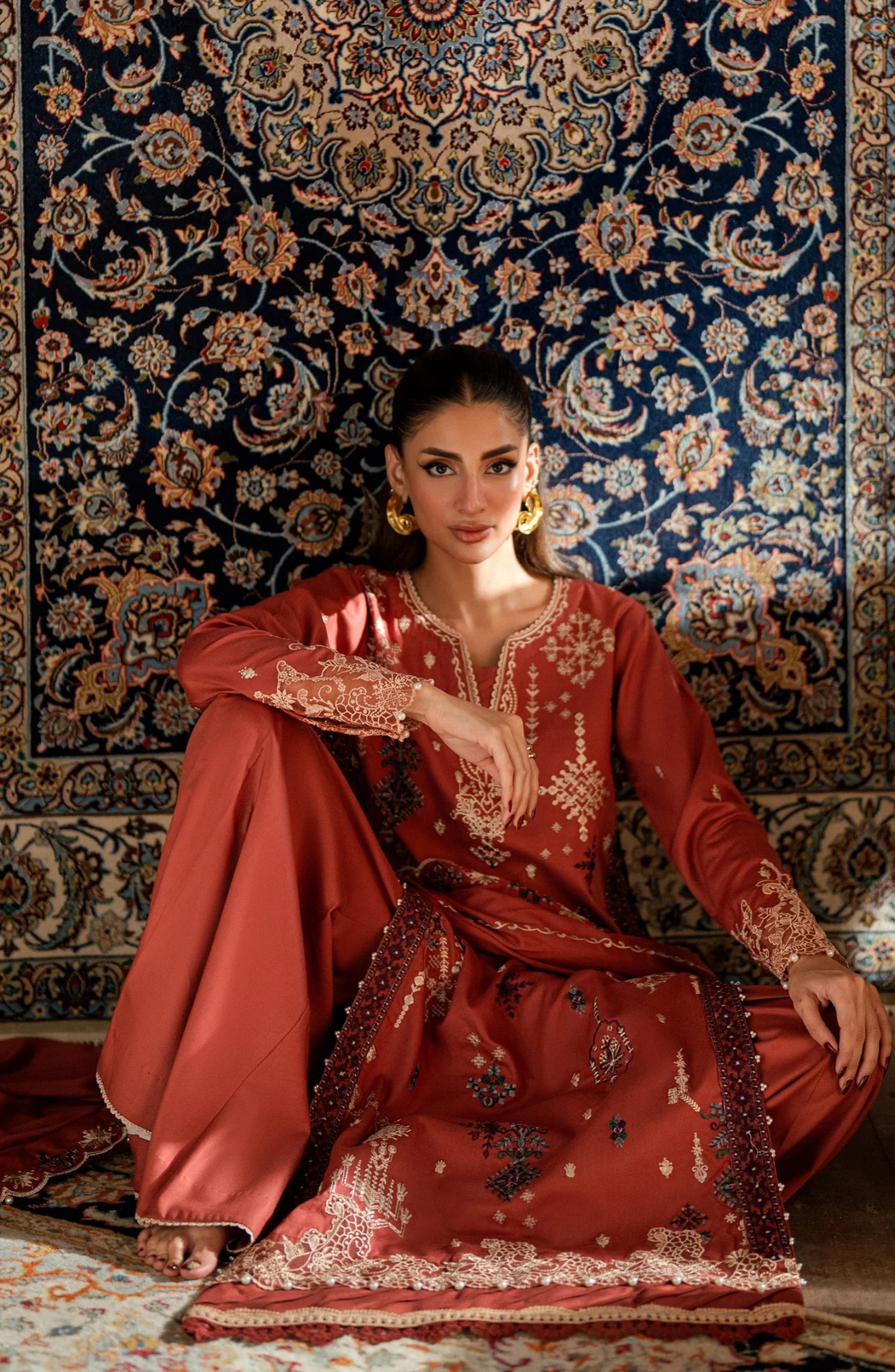 Florent Shades of Winter Embroidered Marina Twill Unstitched 3 Piece FL 2A  Suit Rust Luxury