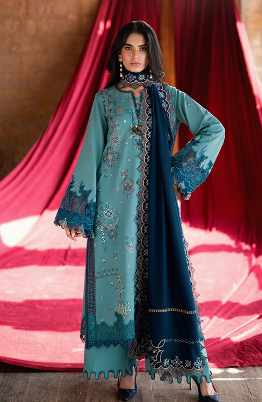 Florent Shades of Winter Embroidered Marina Twill Unstitched 3 Piece FL 2B Suit Blue - Luxury
