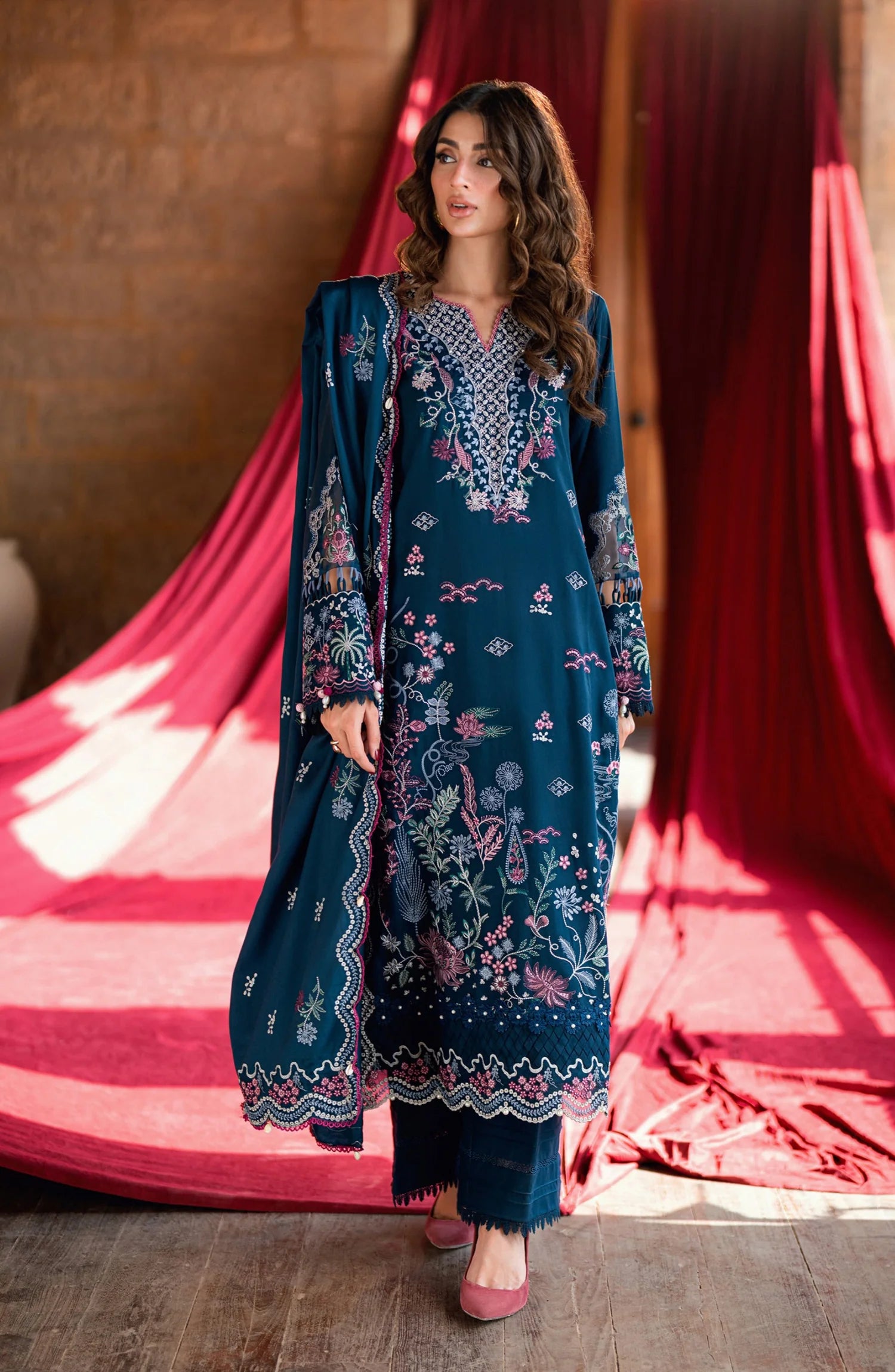 Florent Shades of Winter Embroidered Marina Twill Unstitched 3 Piece Suit  FL-4B  Blue - Luxury