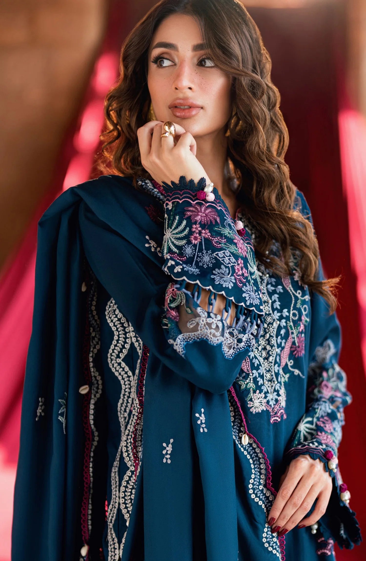 Florent Shades of Winter Embroidered Marina Twill Unstitched 3 Piece Suit  FL-4B  Blue - Luxury