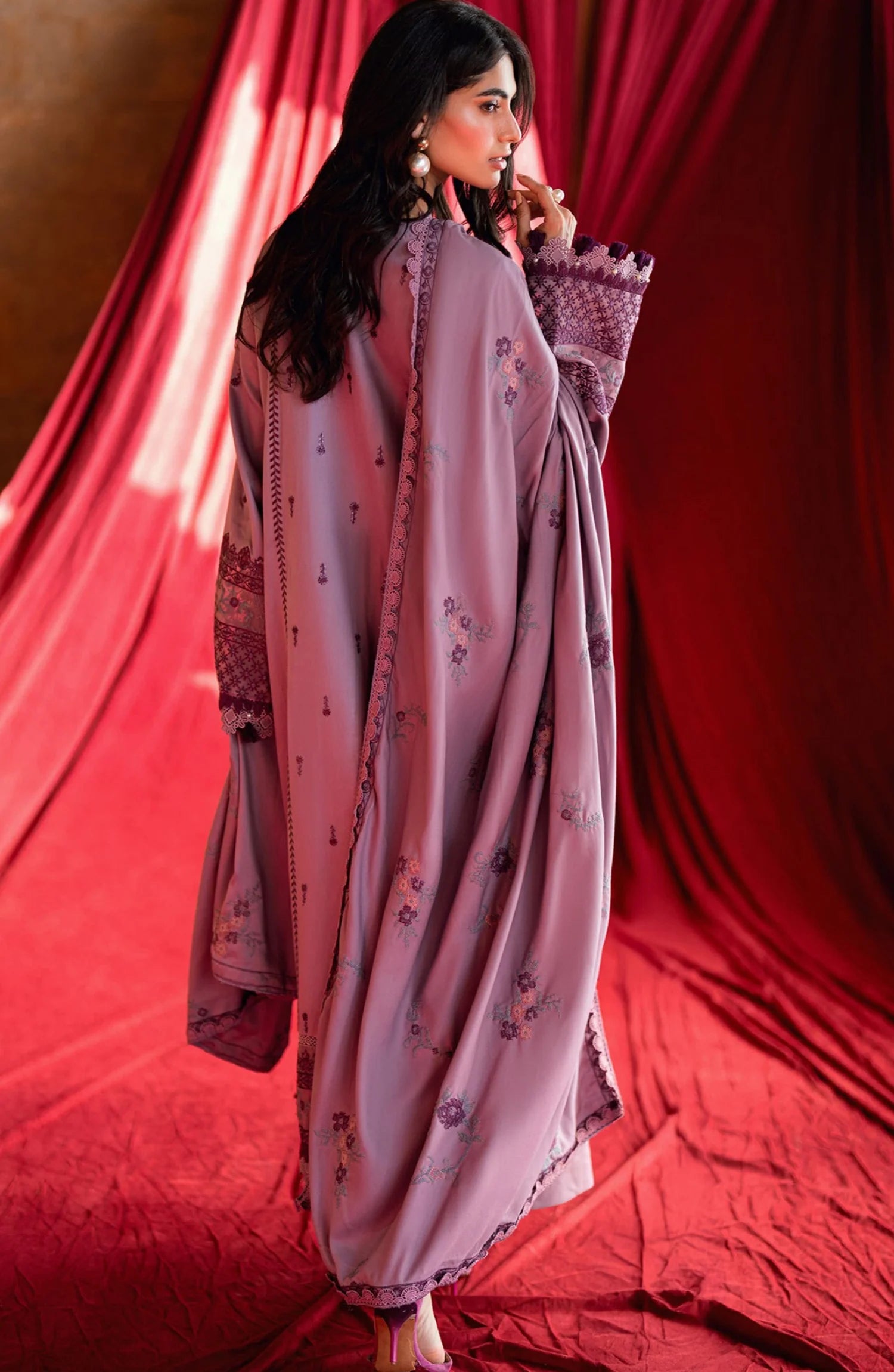 Florent Shades of Winter Embroidered Marina Twill Unstitched 3 Piece Suit FL 5A Purple - Luxury