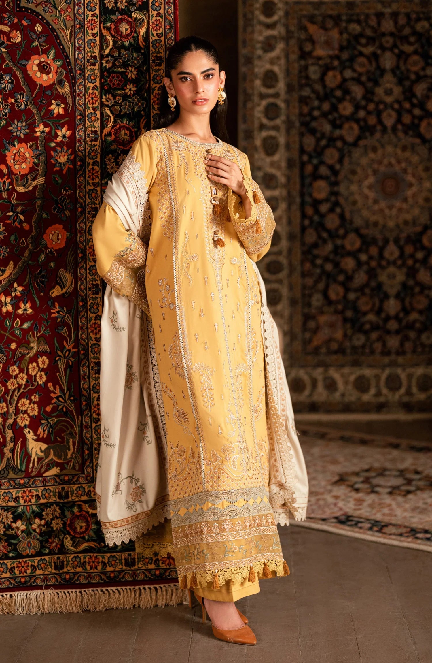 Florent Shades of Winter Embroidered Marina Twill Unstitched 3 Piece Suit  FL-5B Yellow - Luxury