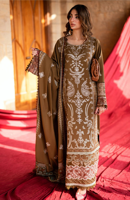 Florent Shades of Winter Embroidered Marina Twill Unstitched 3 Piece Suit - FL-6A  Brown - Luxury