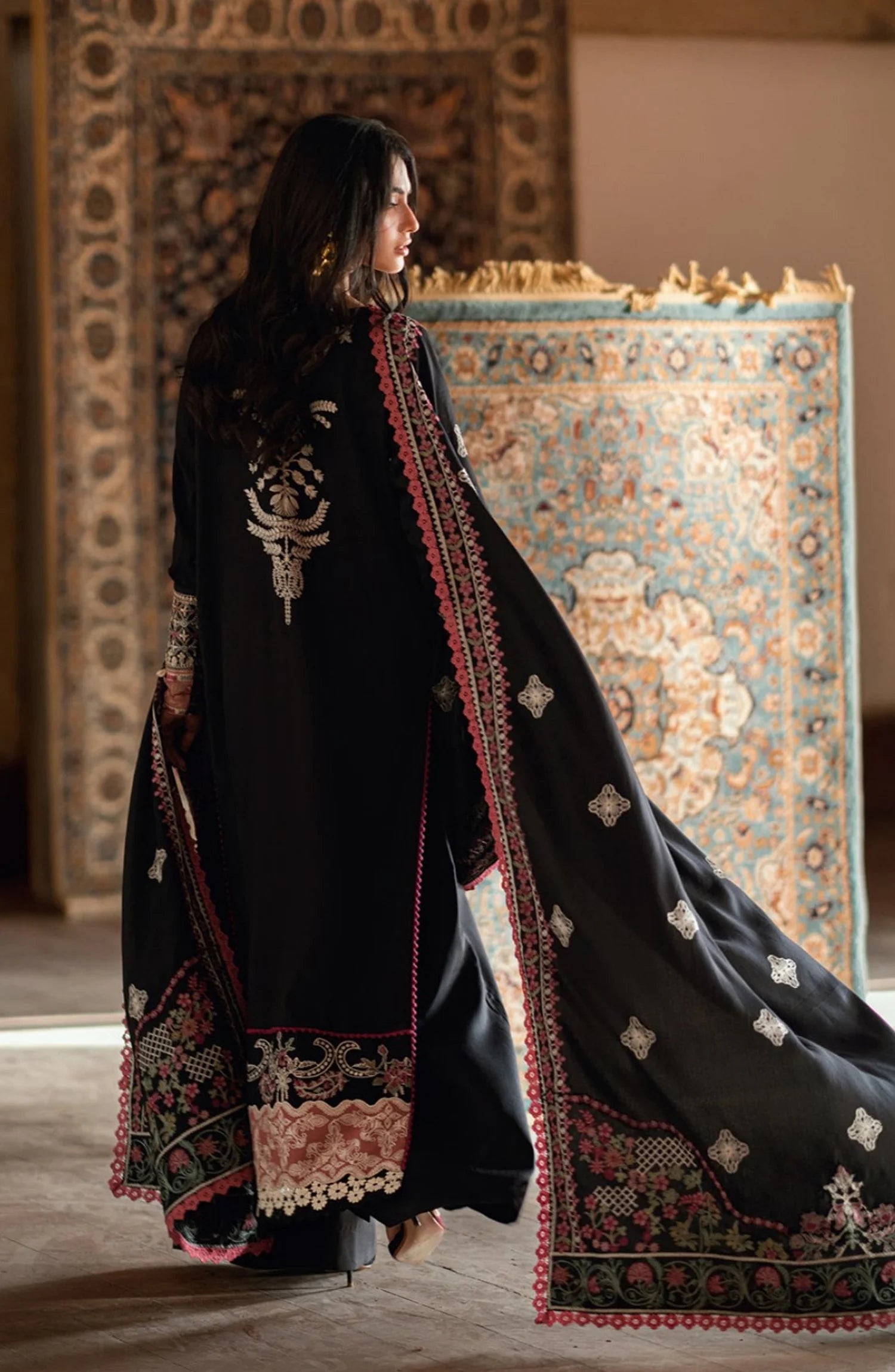 Florent Shades of Winter Embroidered Marina Twill Unstitched 3 Piece Suit - FL-6B Black - Luxury