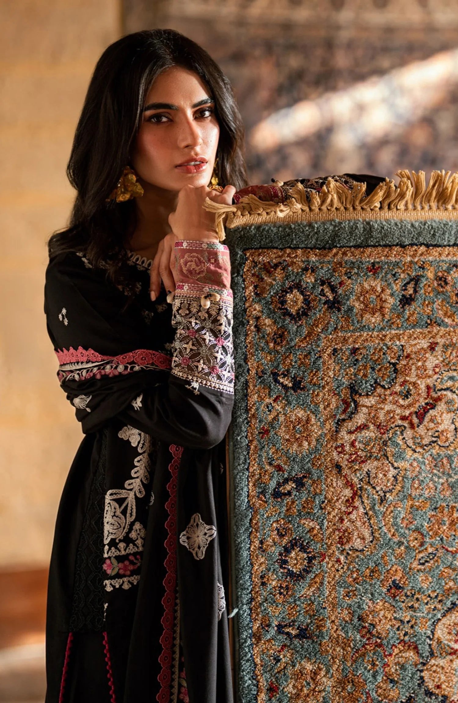 Florent Shades of Winter Embroidered Marina Twill Unstitched 3 Piece Suit - FL-6B Black - Luxury