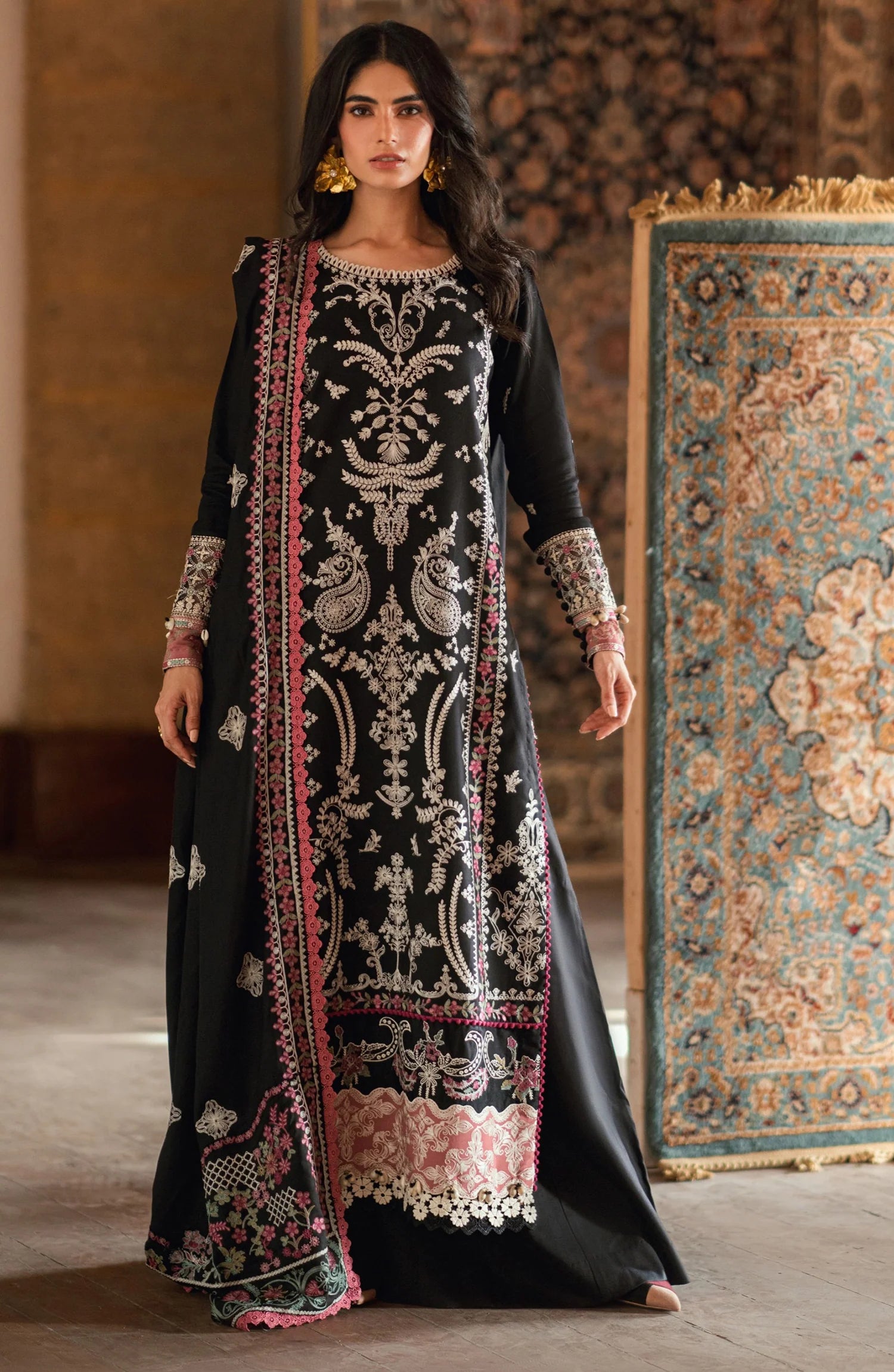 Florent Shades of Winter Embroidered Marina Twill Unstitched 3 Piece Suit - FL-6B Black - Luxury