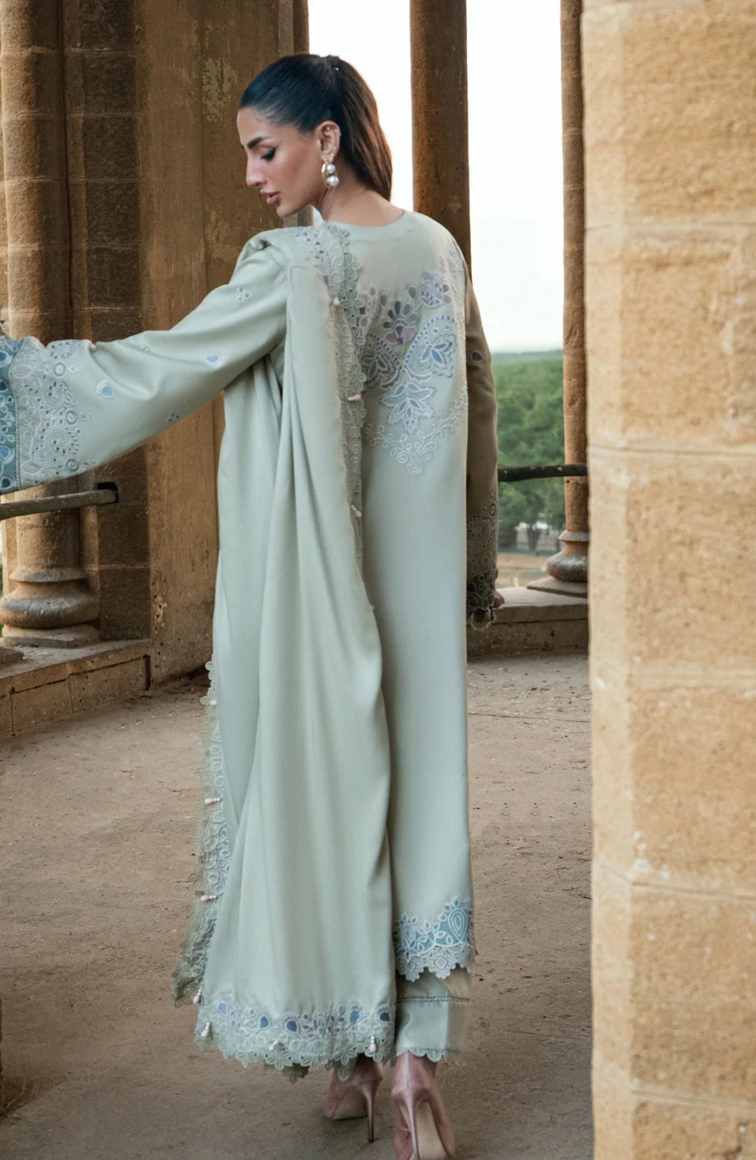 Florent Shades of Winter Embroidered Marina Twill Unstitched 3 Piece Suit - FL-8A Pista Green - Luxury