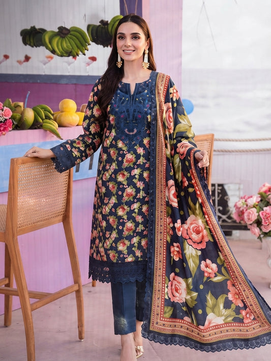 3 Piece Printed Linen sequence boring patch work - 01