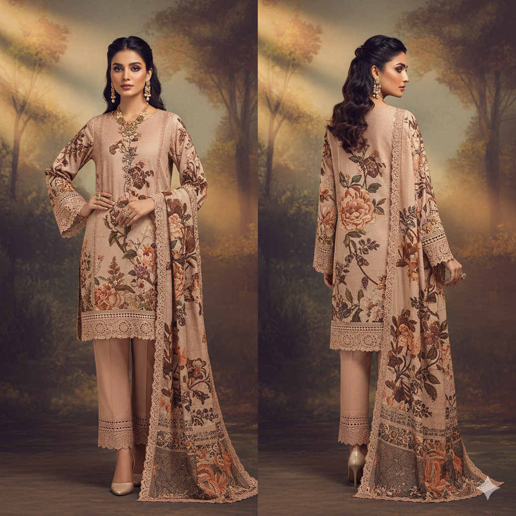 NEELAM Self Jacquard Printed - NL-04 (Peach Floral)