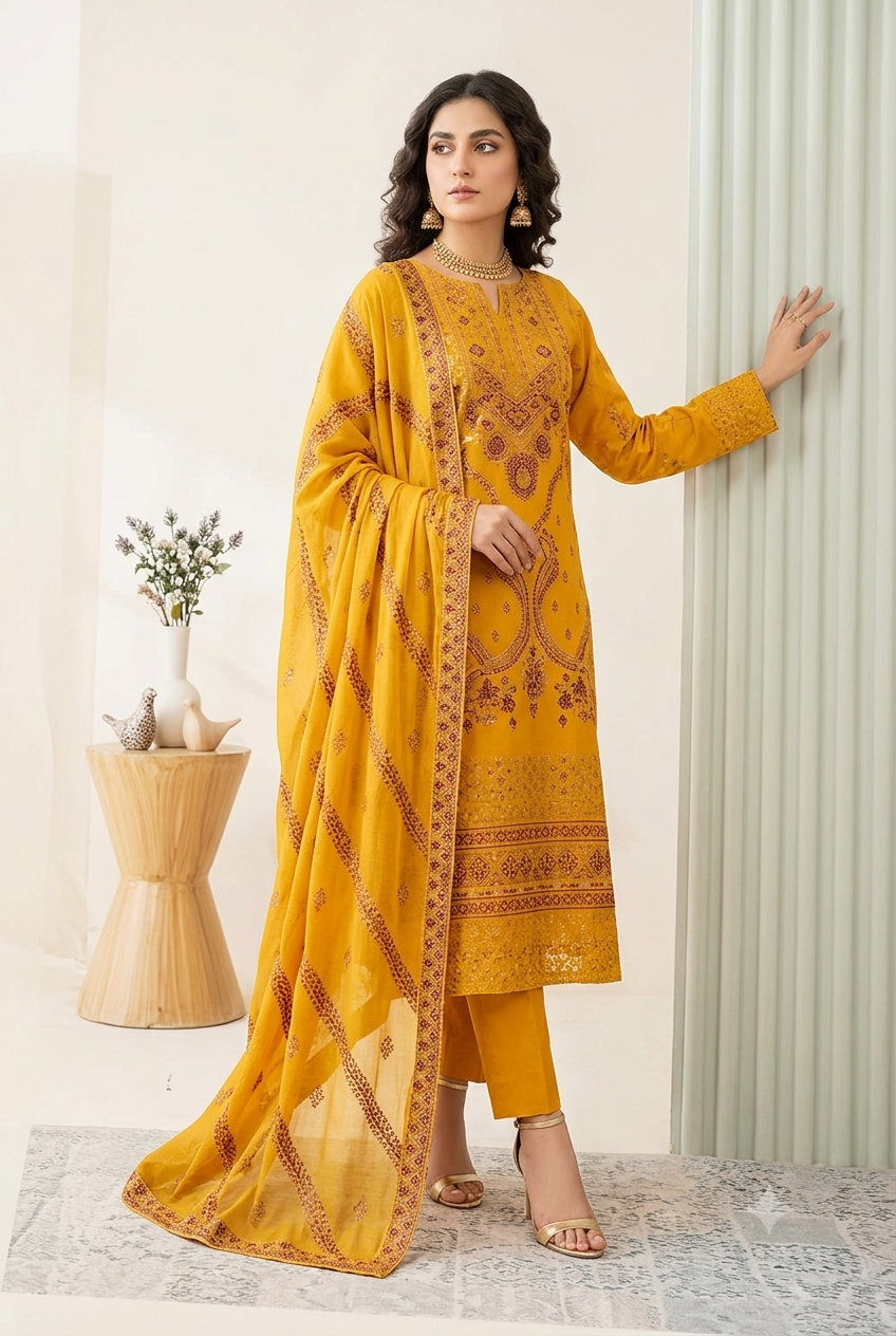 D-10405 Khuwaish By Raikhta | Embroidered Slub Lawn 3PC Unstitched Suit.
