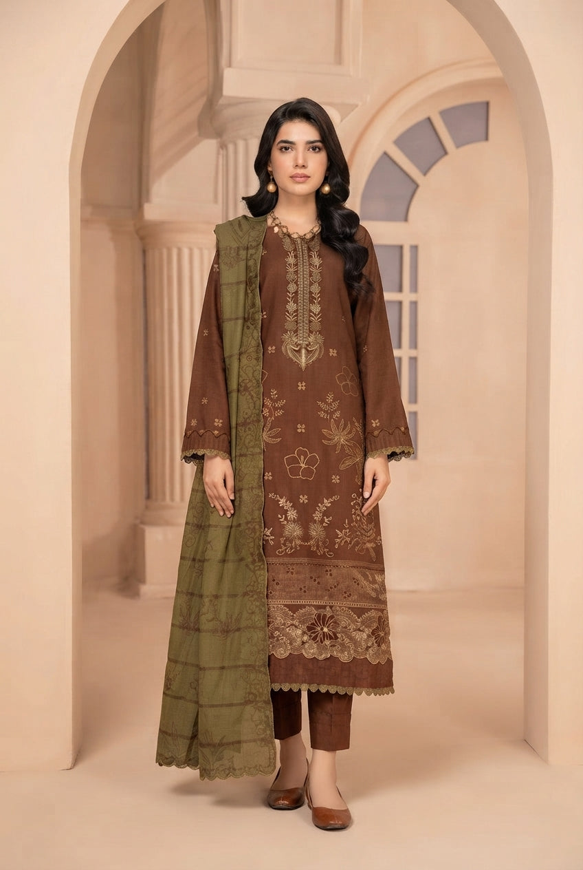 Airjet Fancy Wool Peach Embroidered Suit | Alif Vol-555 (Design - 01)