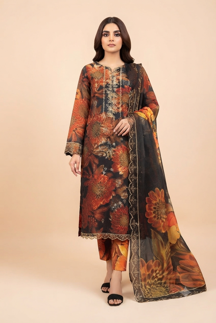 Anzish - Lawn Embroidered Front with Fourside Patti Chiffon Dupatta (D# 2403-B)