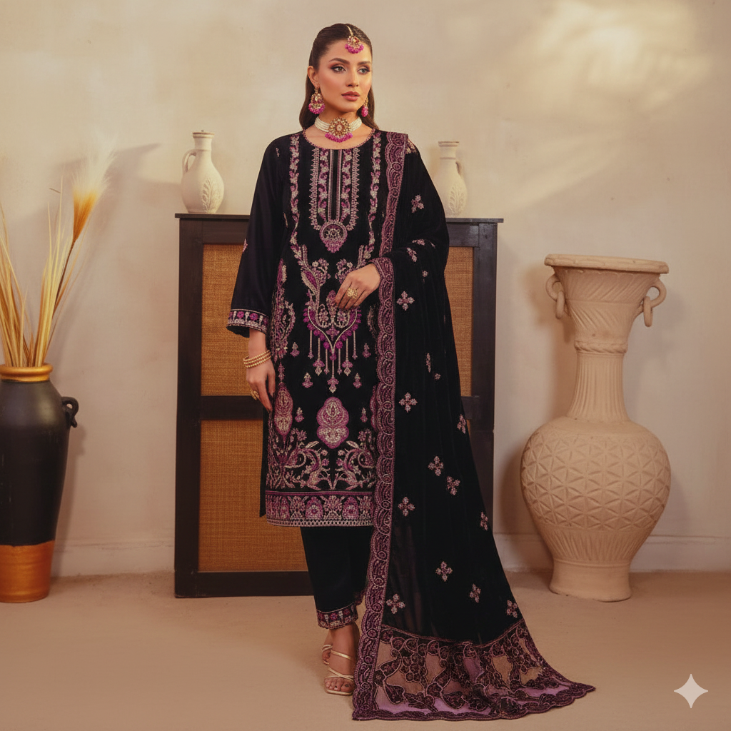 Regal Navy Blue Velvet Suit | Dr. Haris Vol-02 Unstitched 3-Piece with Contrast Teal Dupatta