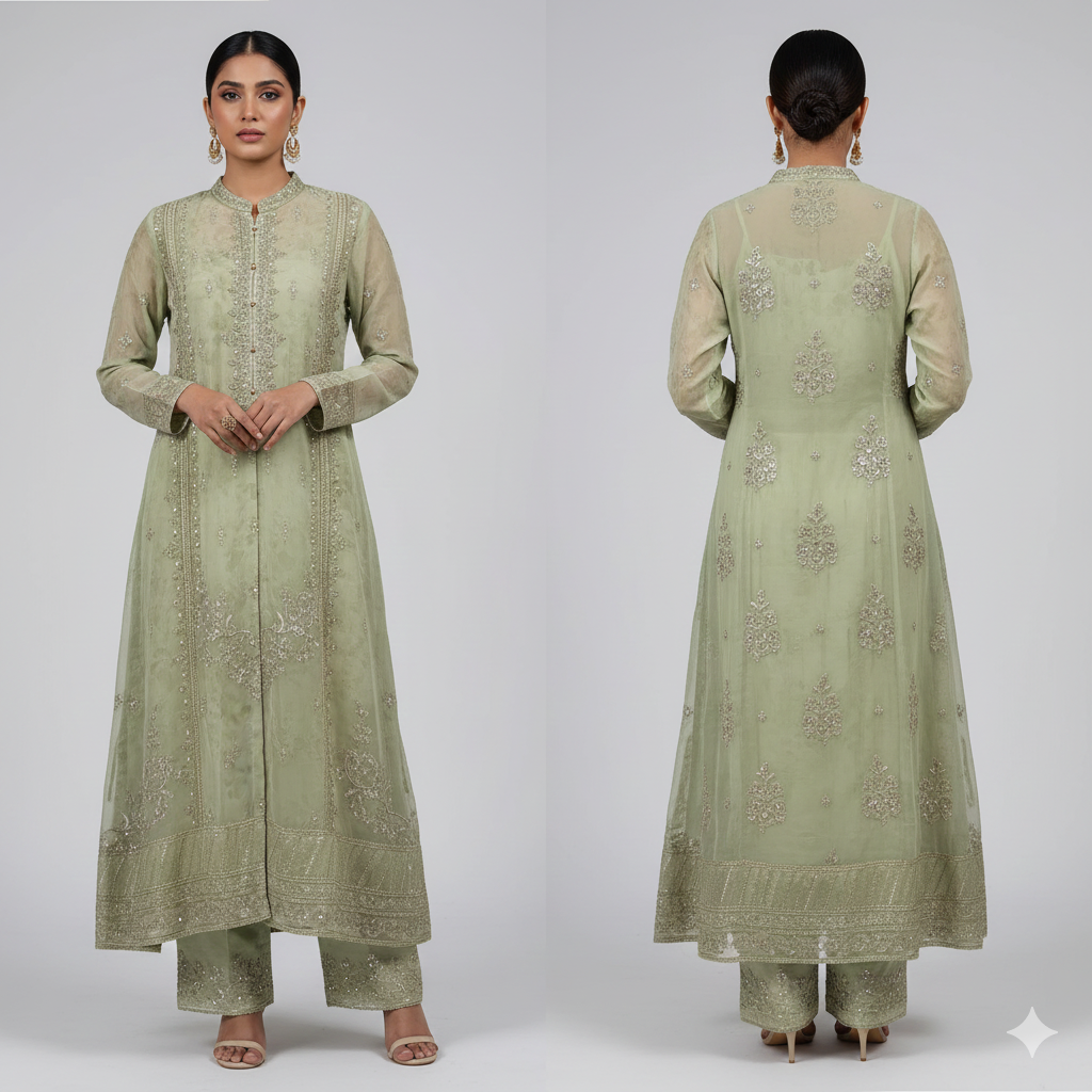 BINT-E-SAEED Luxe: Soft Mint Embellished Frock